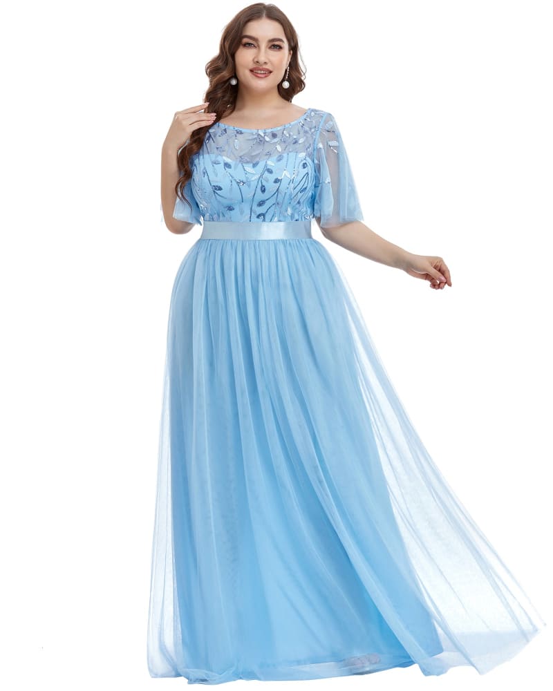 Front of a model wearing a size 20 Sequin Leaf Floor-length Evening Dress in Sky Blue by Ever-Pretty. | dia_product_style_image_id:285727